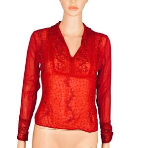 E.C.I. Red Silk Beaded Blouse Semi Sheer Dark Fairy Witchy Gothic Vampire Red Lg